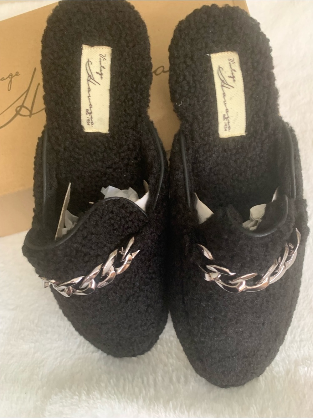 Vintage Havana Black Bouclé Slip-On Mules with Chain Trim